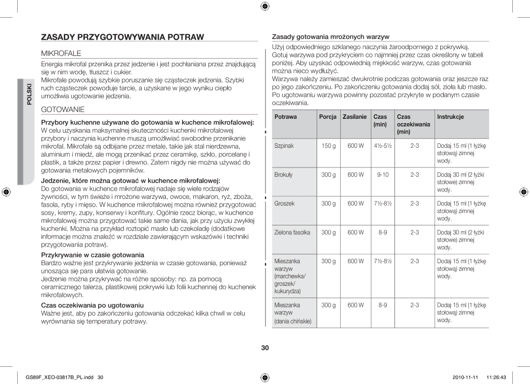 Samsung GS89F-S/XEO manual Zasady Przygotowywania Potraw, Mikrofale, Gotowanie 