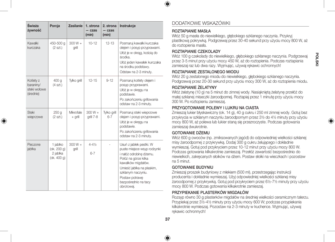 Samsung GS89F-S/XEO manual Dodatkowe Wskazówki 