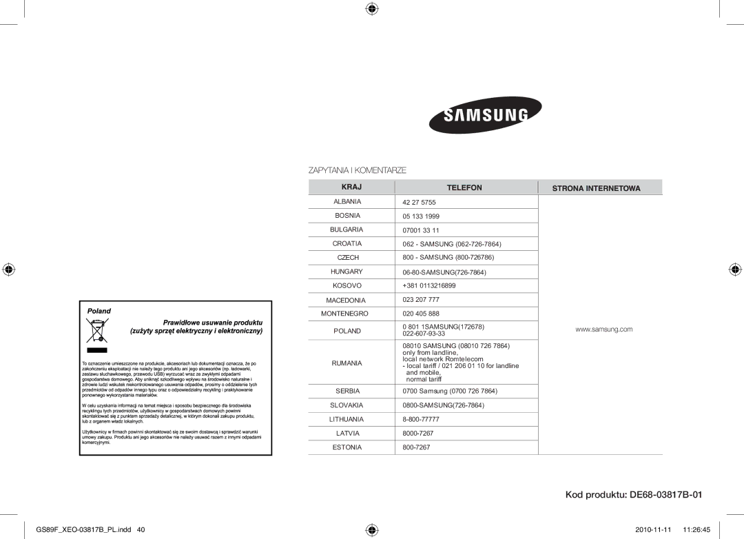 Samsung GS89F-S/XEO manual Kod produktu DE68-03817B-01, Kosovo 