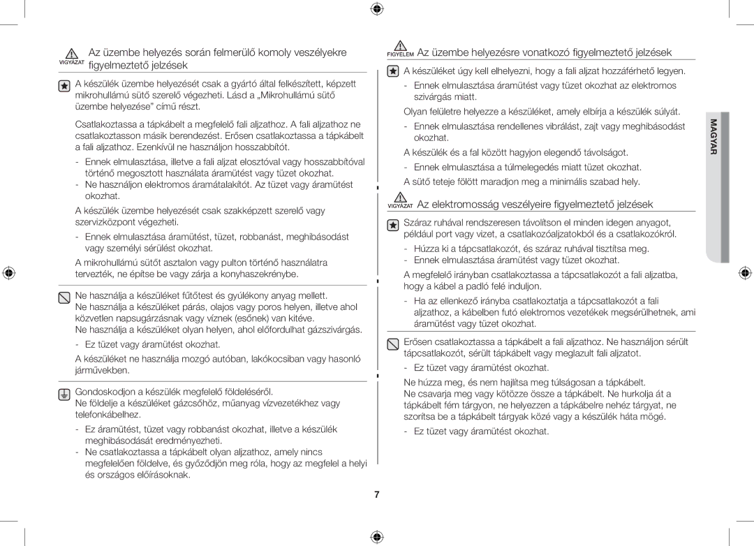 Samsung GS89F-S/XEO manual Vigyázat Az elektromosság veszélyeire figyelmeztető jelzések 