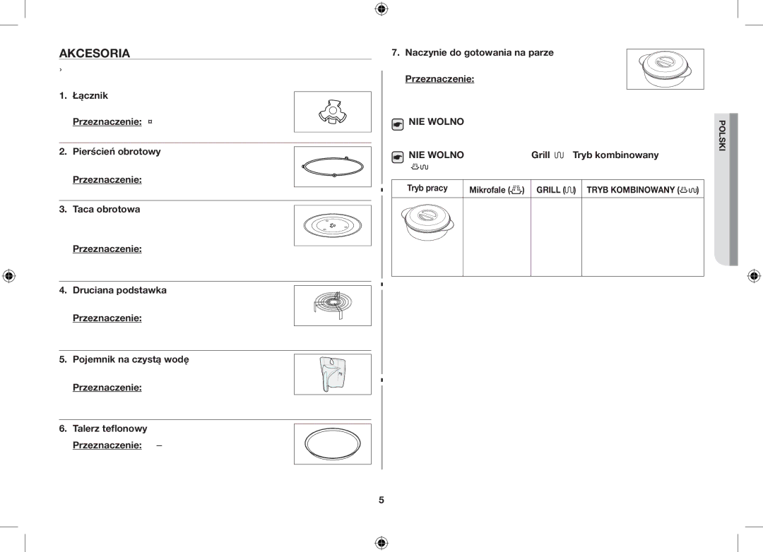 Samsung GS89F-S/XEO manual Akcesoria, Druciana podstawka umieszczana na tacy obrotowej 