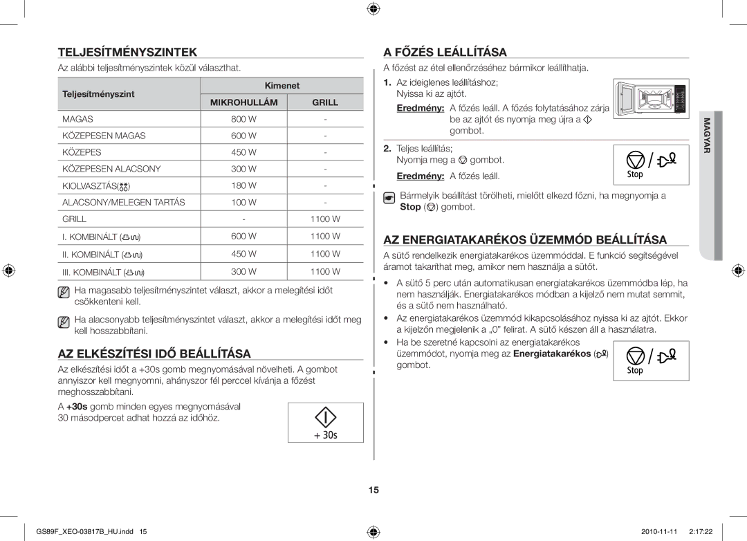 Samsung GS89F-S/XEO manual Teljesítményszintek, AZ Elkészítési IDŐ Beállítása, Főzés Leállítása 