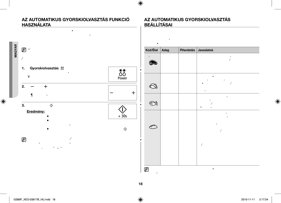 Samsung GS89F-S/XEO manual AZ Automatikus Gyorskiolvasztás Funkció Használata, AZ Automatikus Gyorskiolvasztás Beállításai 