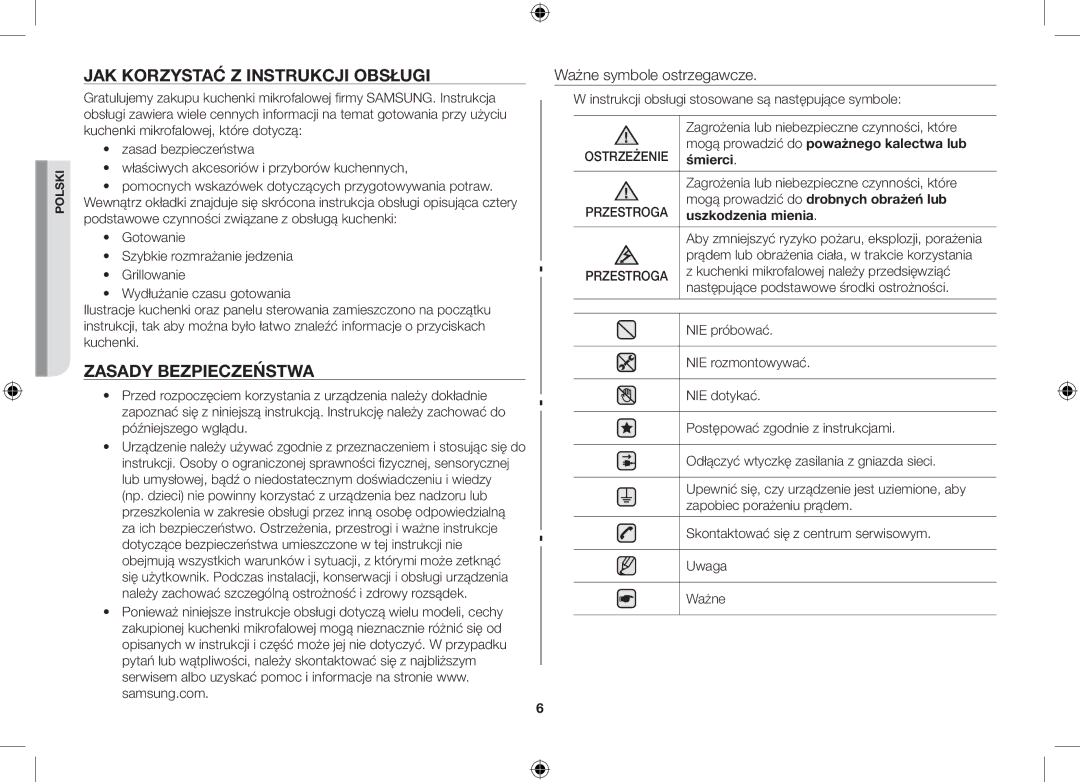 Samsung GS89F-S/XEO manual JAK Korzystać Z Instrukcji Obsługi, Zasady Bezpieczeństwa, Ważne symbole ostrzegawcze 