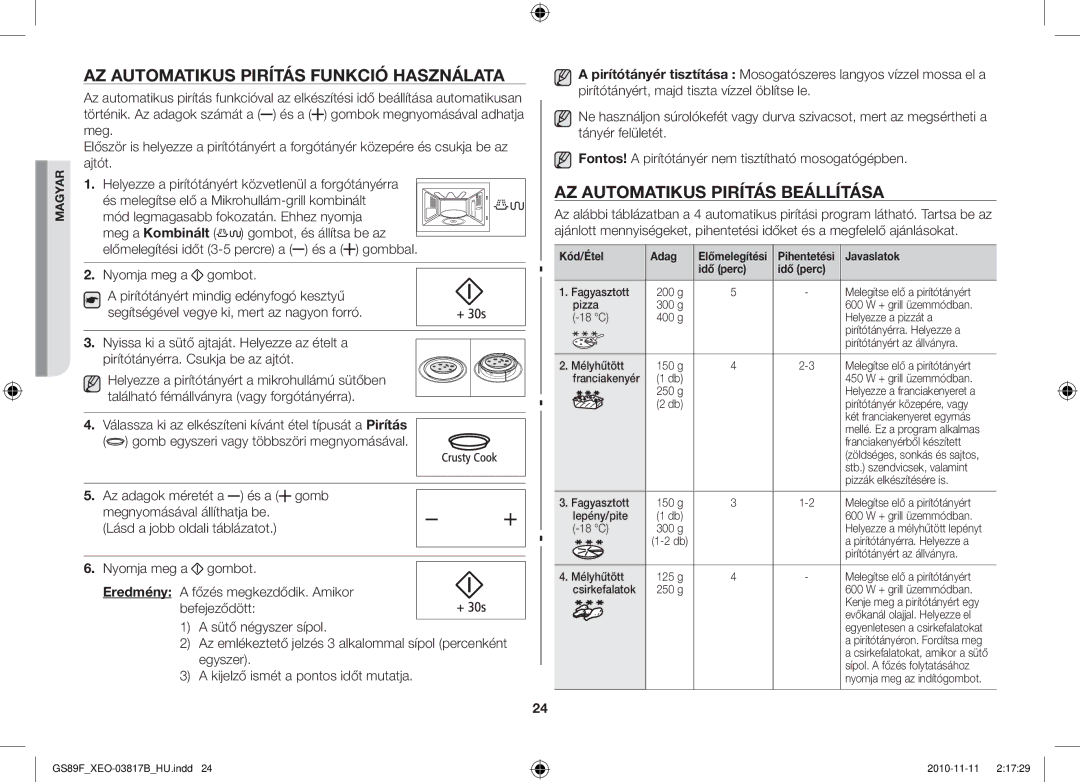 Samsung GS89F-S/XEO manual AZ Automatikus Pirítás Funkció Használata, AZ Automatikus Pirítás Beállítása, Meg a Kombinált 