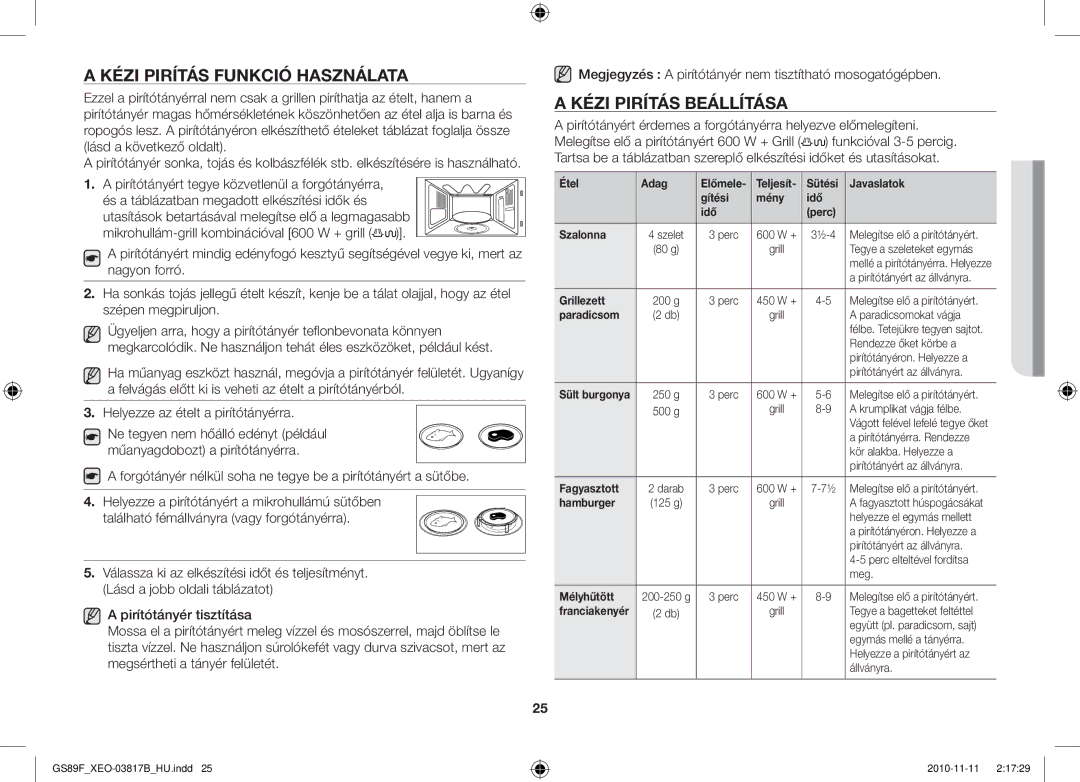 Samsung GS89F-S/XEO manual Kézi Pirítás Funkció Használata, Kézi Pirítás Beállítása 