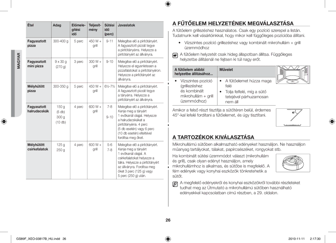 Samsung GS89F-S/XEO manual Fűtőelem Helyzetének Megválasztása, Tartozékok Kiválasztása, Fűtőelem alábbi Művelet 