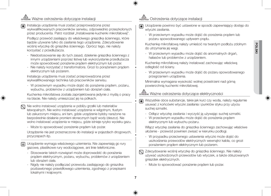 Samsung GS89F-S/XEO manual Ostrzeżenie Ważne ostrzeżenia dotyczące elektryczności 