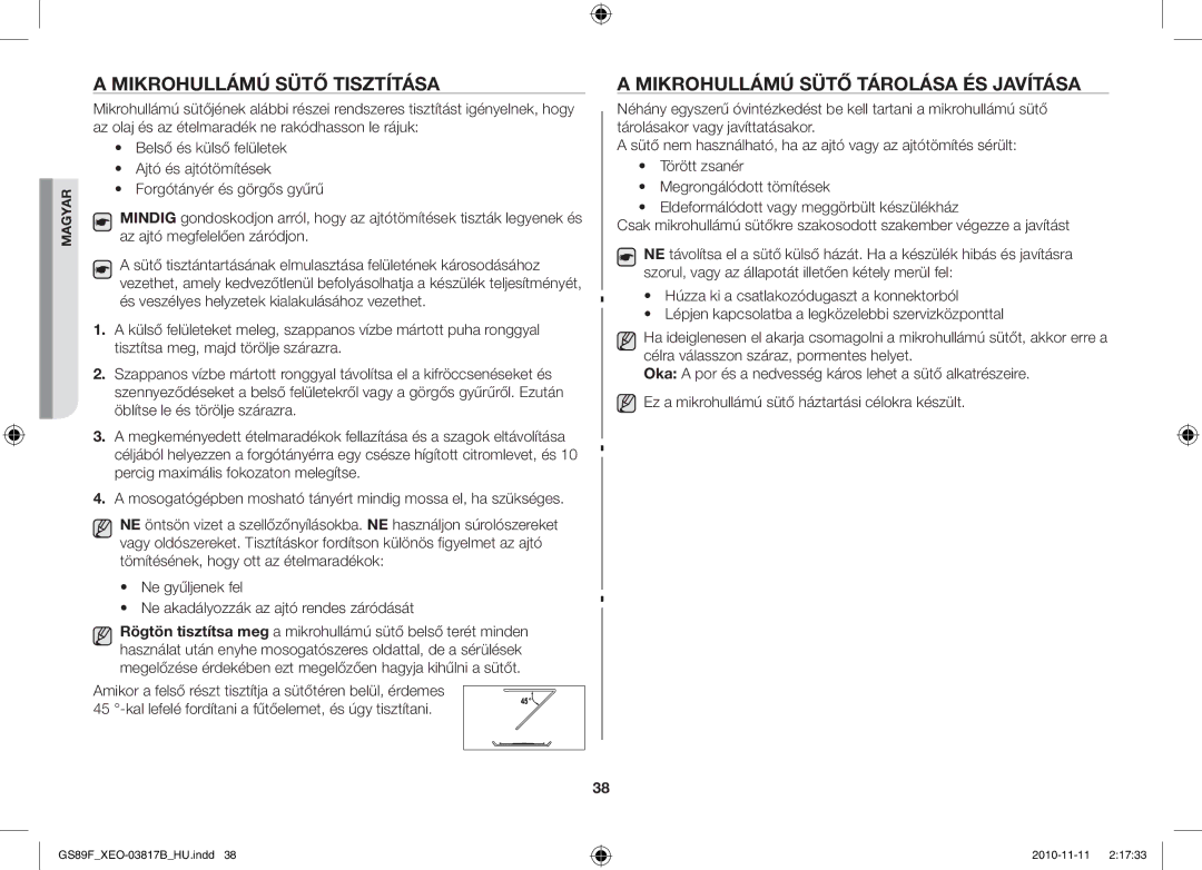 Samsung GS89F-S/XEO manual Mikrohullámú Sütő Tisztítása, Mikrohullámú Sütő Tárolása ÉS Javítása 