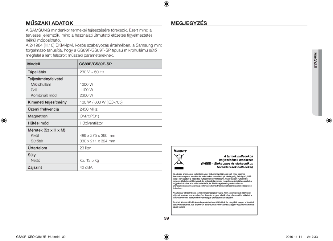 Samsung GS89F-S/XEO manual Műszaki Adatok Megjegyzés, Modell 