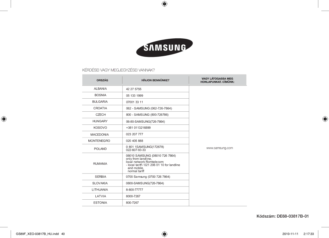 Samsung GS89F-S/XEO manual Kódszám DE68-03817B-01, Poland 