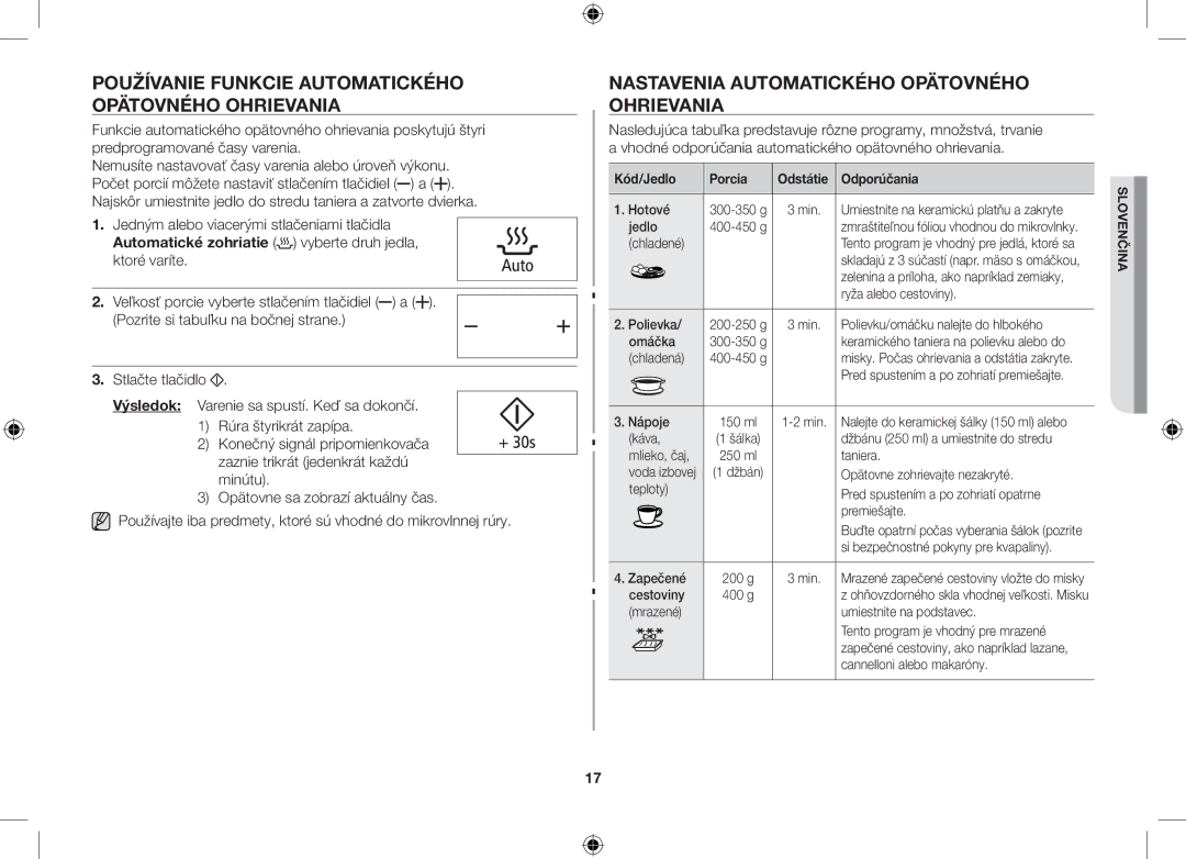 Samsung GS89F-S/XEO Používanie Funkcie Automatického Opätovného Ohrievania, Nastavenia Automatického Opätovného Ohrievania 