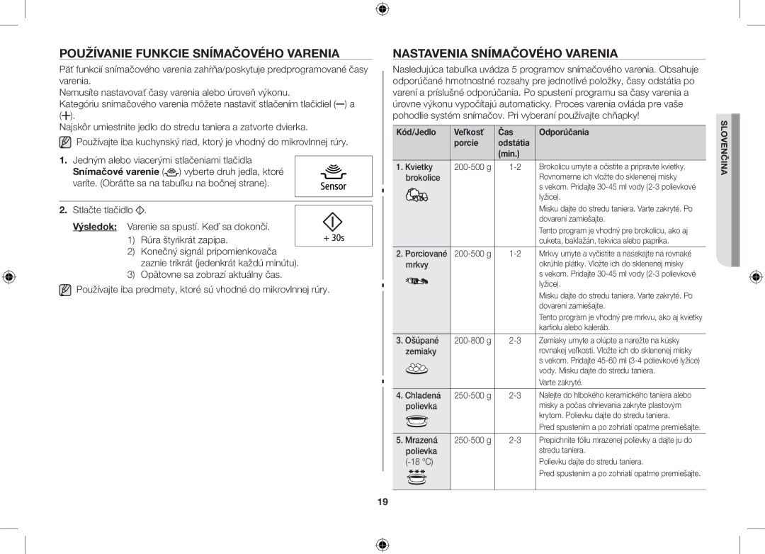 Samsung GS89F-S/XEO manual Používanie Funkcie Snímačového Varenia, Nastavenia Snímačového Varenia 