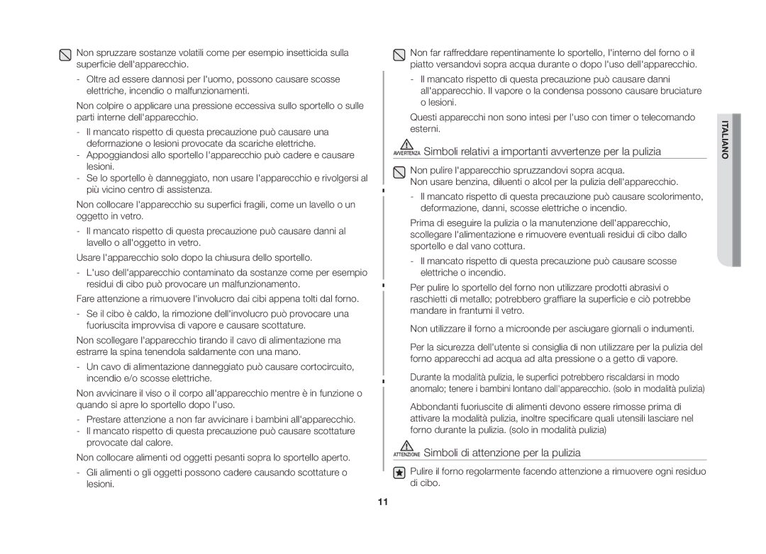 Samsung GS89FE-SS/XET, GS89FE-B/XET manual Attenzione Simboli di attenzione per la pulizia 