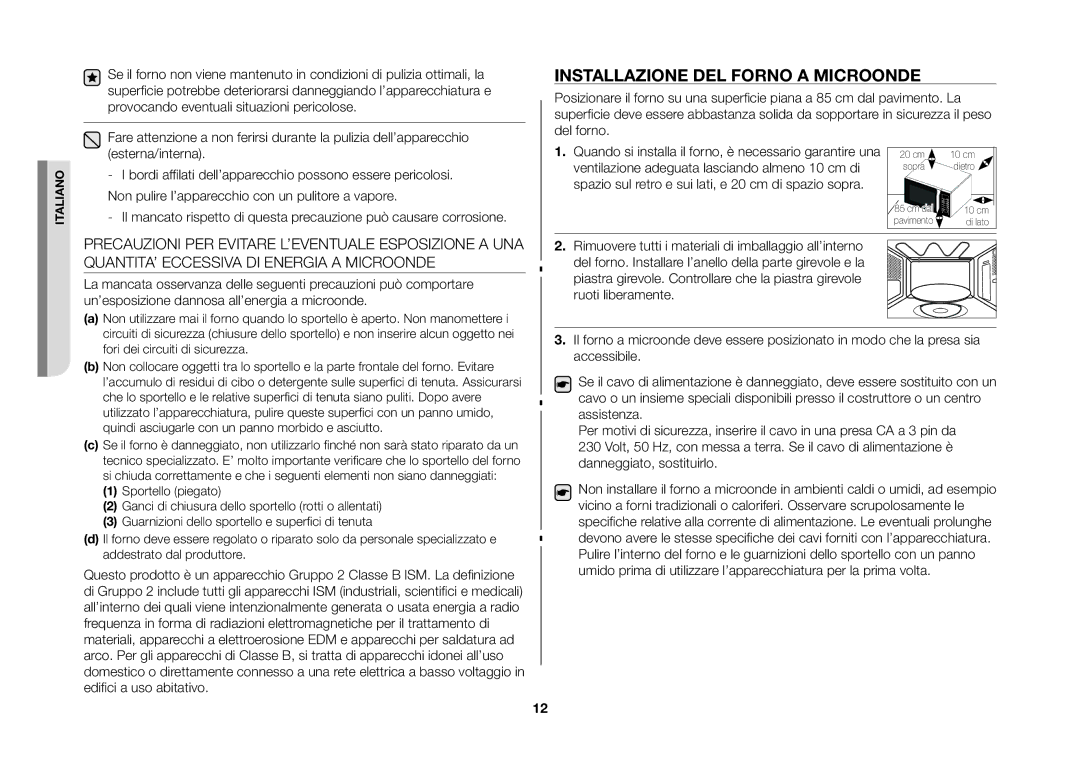 Samsung GS89FE-B/XET, GS89FE-SS/XET manual Installazione DEL Forno a Microonde, Esterna/interna 