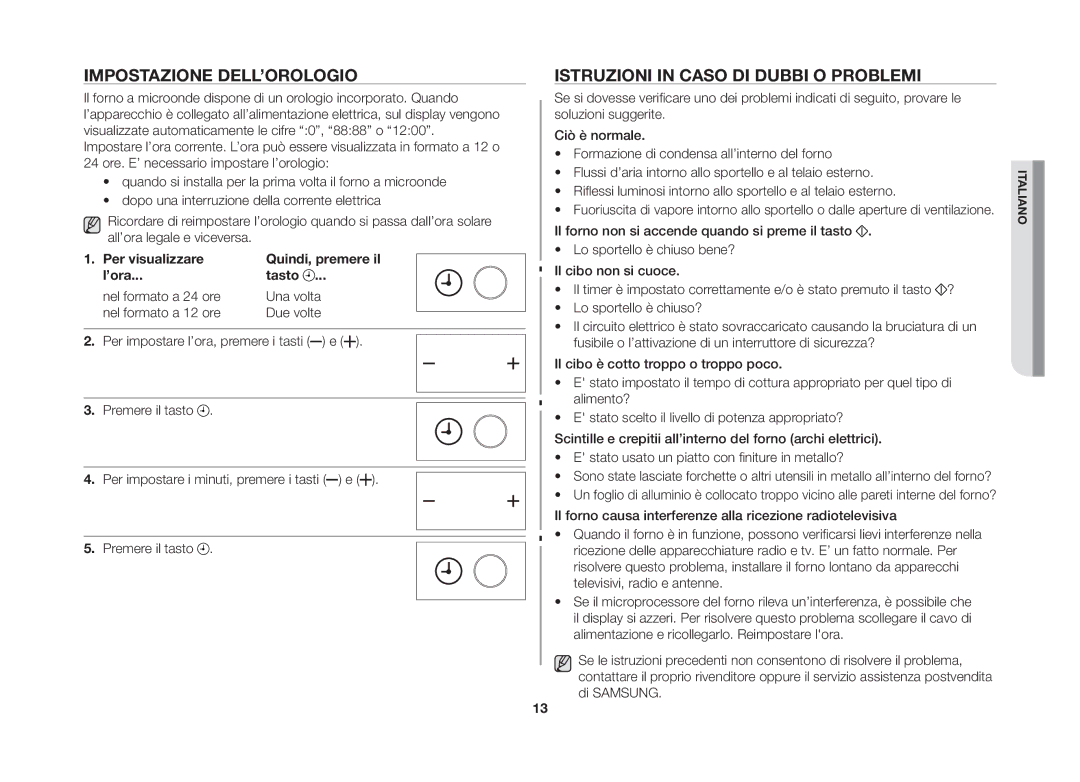 Samsung GS89FE-SS/XET, GS89FE-B/XET manual Impostazione DELL’OROLOGIO, Istruzioni in Caso DI Dubbi O Problemi 