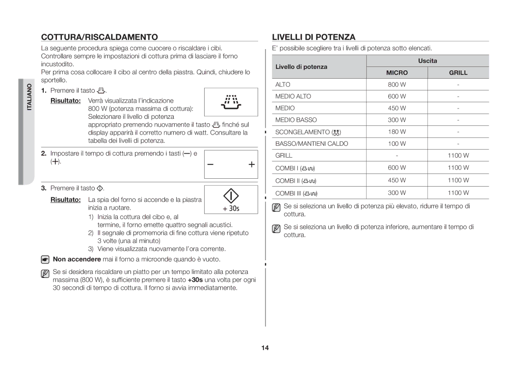 Samsung GS89FE-B/XET, GS89FE-SS/XET manual Cottura/Riscaldamento, Livelli DI Potenza 