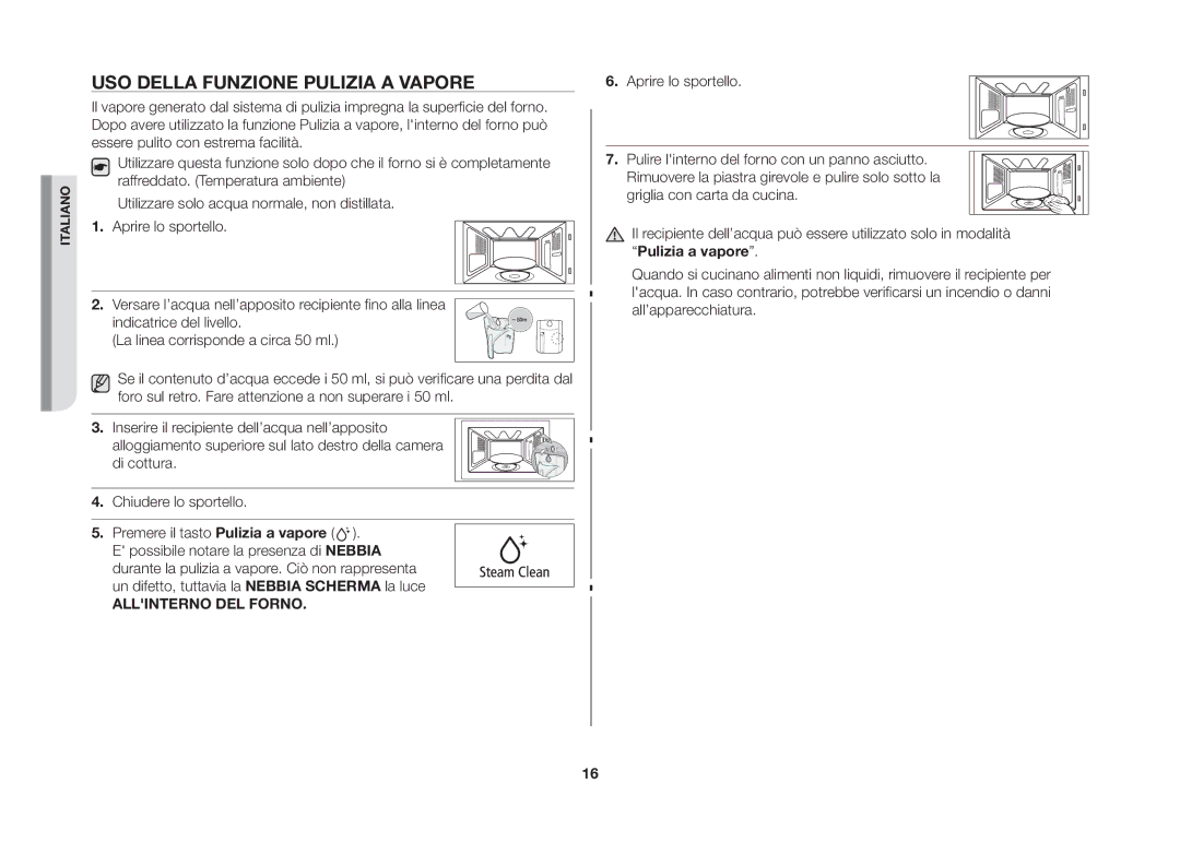 Samsung GS89FE-B/XET, GS89FE-SS/XET manual USO Della Funzione Pulizia a Vapore, Allinterno DEL Forno 