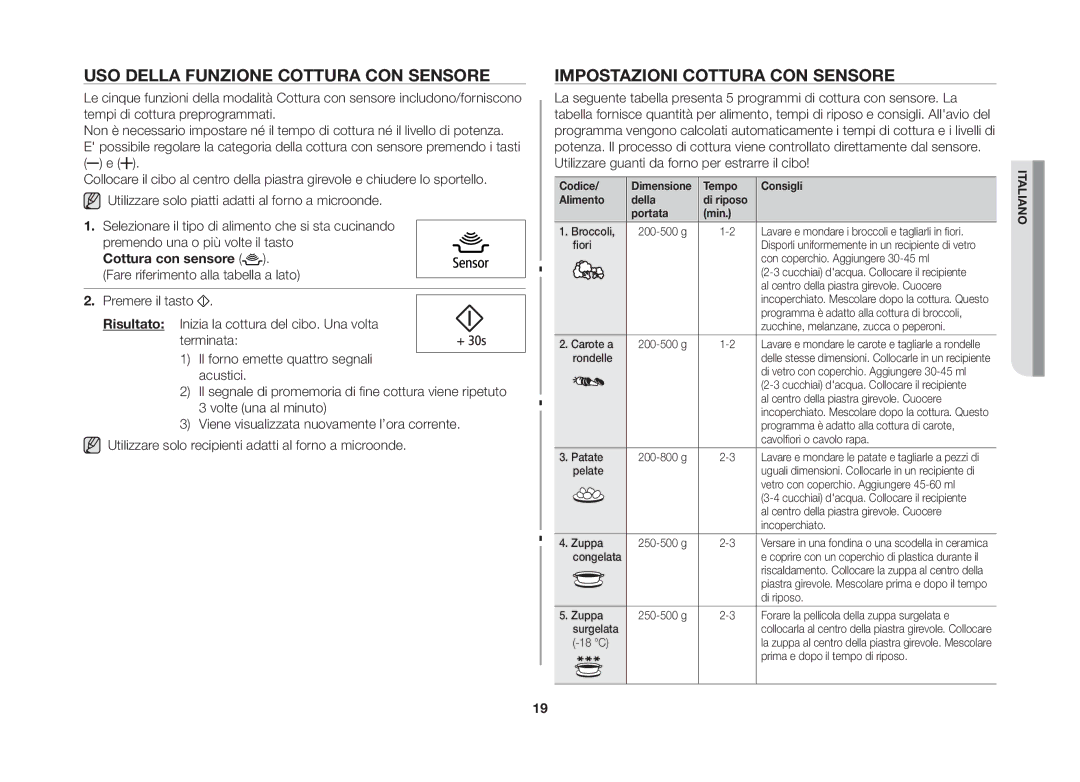 Samsung GS89FE-SS/XET, GS89FE-B/XET manual USO Della Funzione Cottura CON Sensore, Impostazioni Cottura CON Sensore 