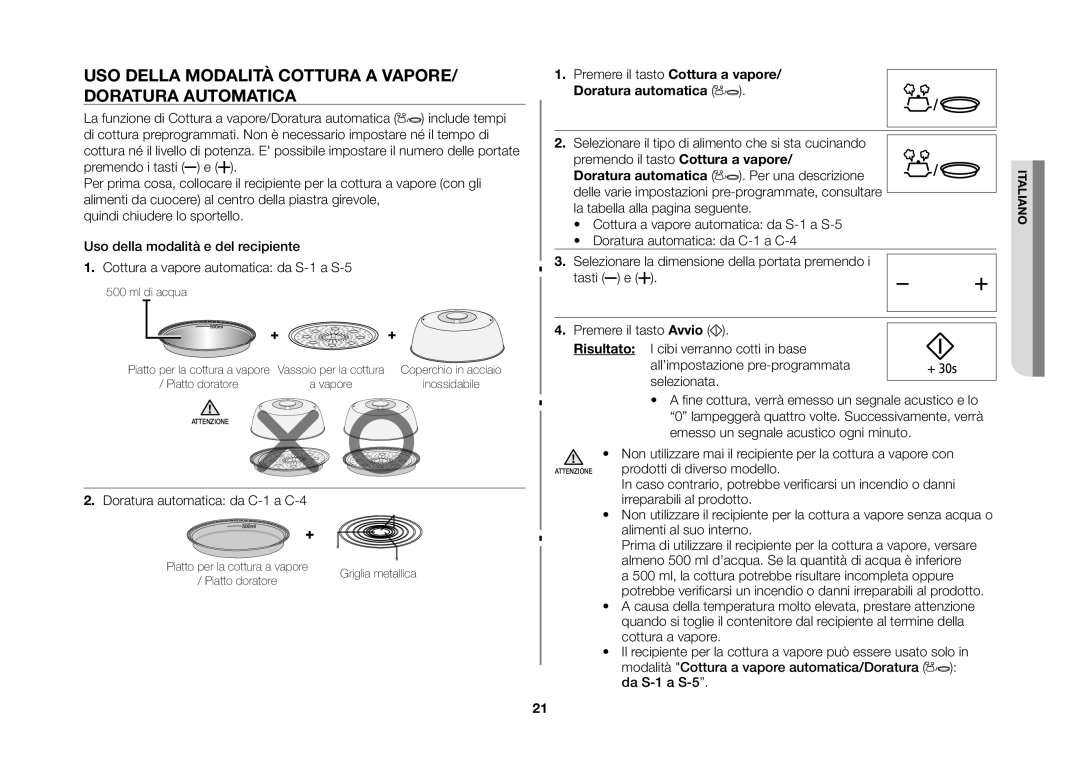 Samsung GS89FE-SS/XET manual USO Della Modalità Cottura a VAPORE/ Doratura Automatica, Doratura automatica da C-1 a C-4 