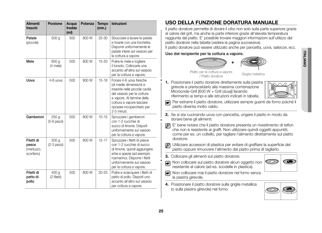 Samsung GS89FE-SS/XET manual USO Della Funzione Doratura Manuale, Posizionare il piatto doratore direttamente sulla piastra 