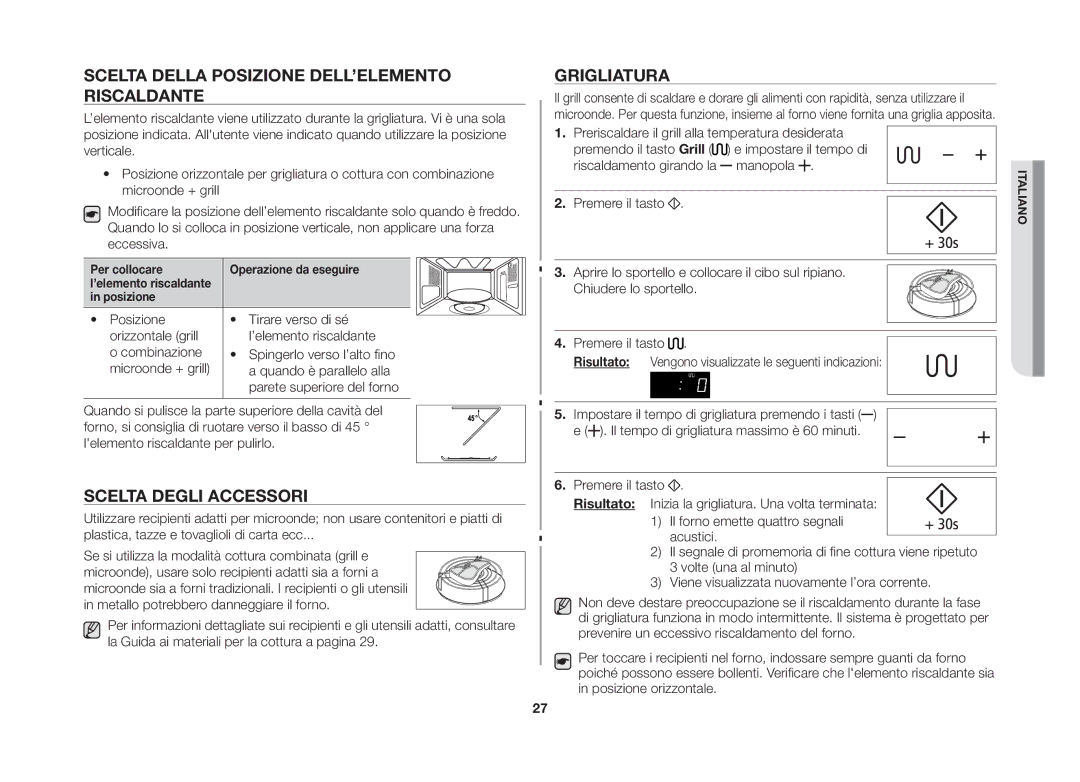 Samsung GS89FE-SS/XET, GS89FE-B/XET Scelta Della Posizione DELL’ELEMENTO Riscaldante, Scelta Degli Accessori, Grigliatura 