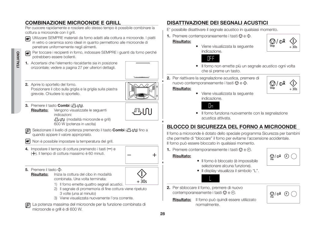 Samsung GS89FE-B/XET, GS89FE-SS/XET manual Combinazione Microonde E Grill, Disattivazione DEI Segnali Acustici 