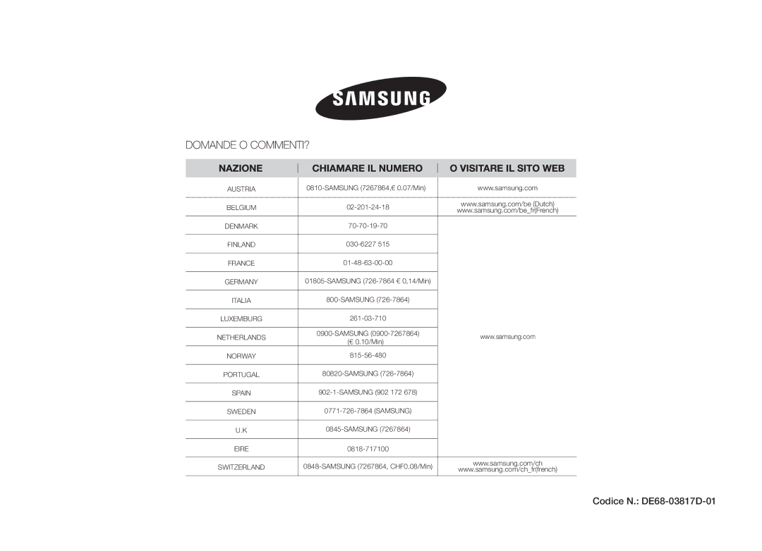 Samsung GS89FE-B/XET, GS89FE-SS/XET manual Codice N. DE68-03817D-01, Austria 