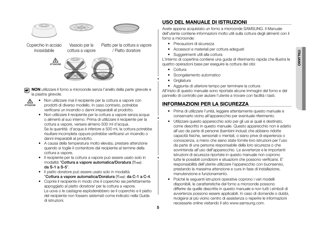 Samsung GS89FE-SS/XET, GS89FE-B/XET manual USO DEL Manuale DI Istruzioni, Informazioni PER LA Sicurezza, Piatto doratore 