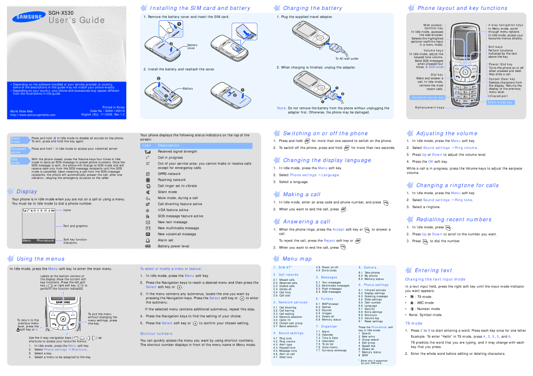 Samsung GSM 1900 manual Installing the SIM card and battery, Charging the battery, Phone layout and key functions 