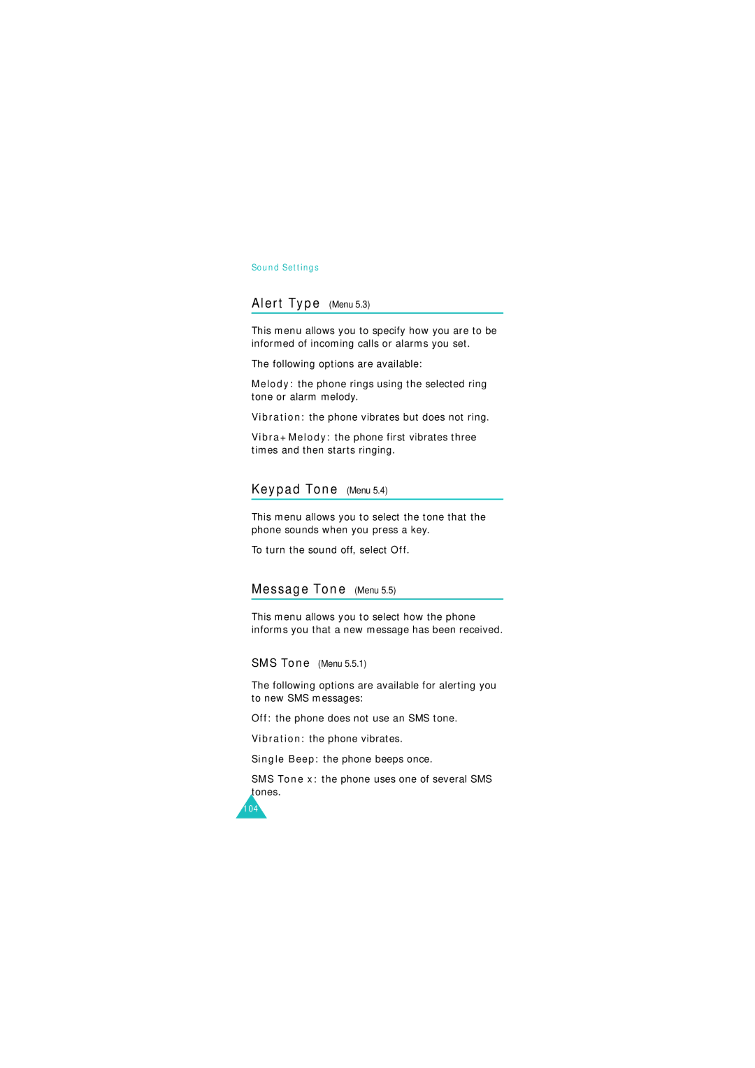 Samsung GSM900, GSM1800 manual Alert Type Menu, Keypad Tone Menu, Message Tone Menu, To turn the sound off, select Off 