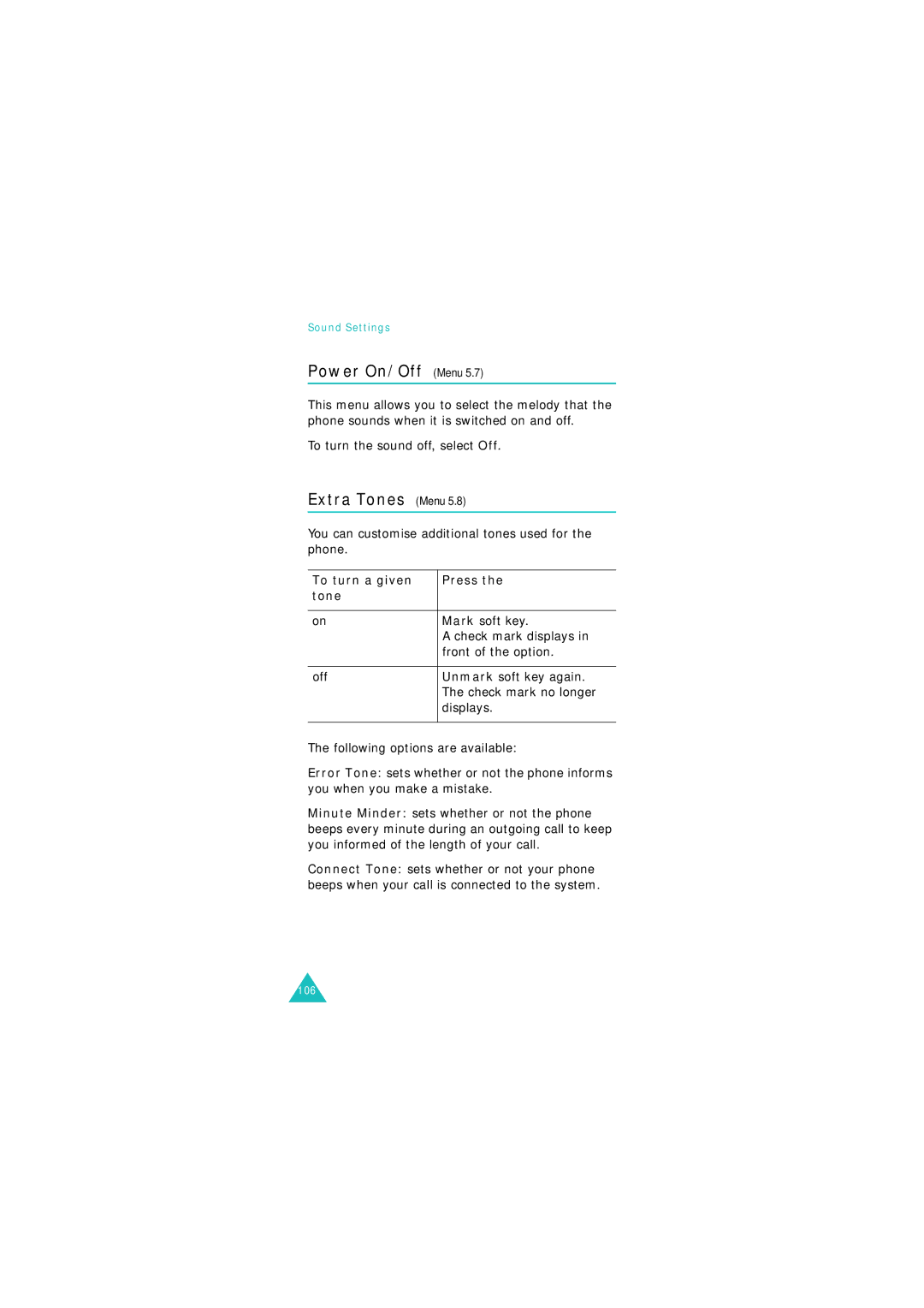 Samsung GSM900, GSM1800 manual Power On/Off Menu, Extra Tones Menu, To turn a given Press Tone 