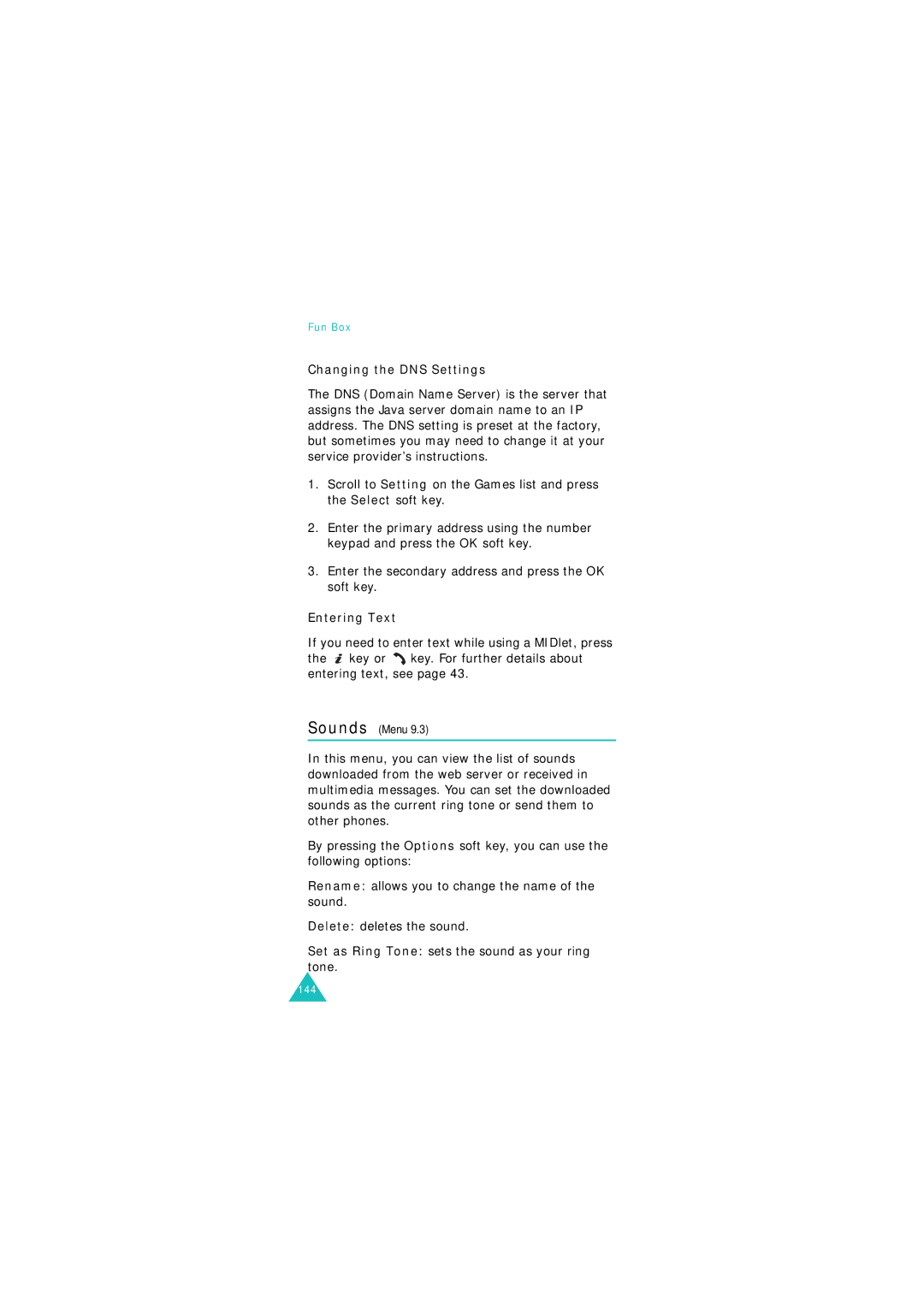 Samsung GSM900, GSM1800 Changing the DNS Settings, Enter the secondary address and press the OK soft key, Entering Text 