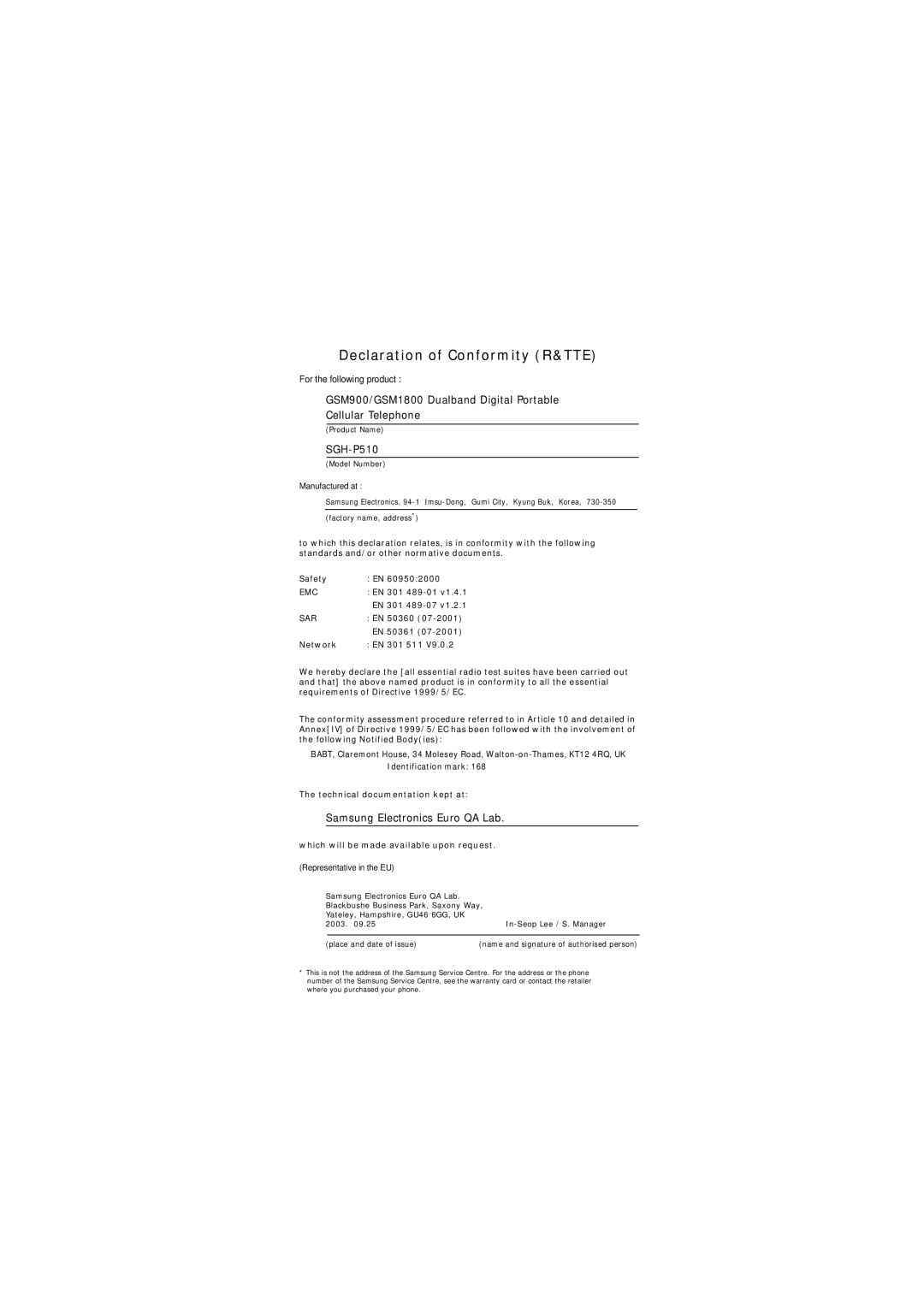 Samsung GSM1800, GSM900 manual Declaration of Conformity R&TTE, SGH-P510 