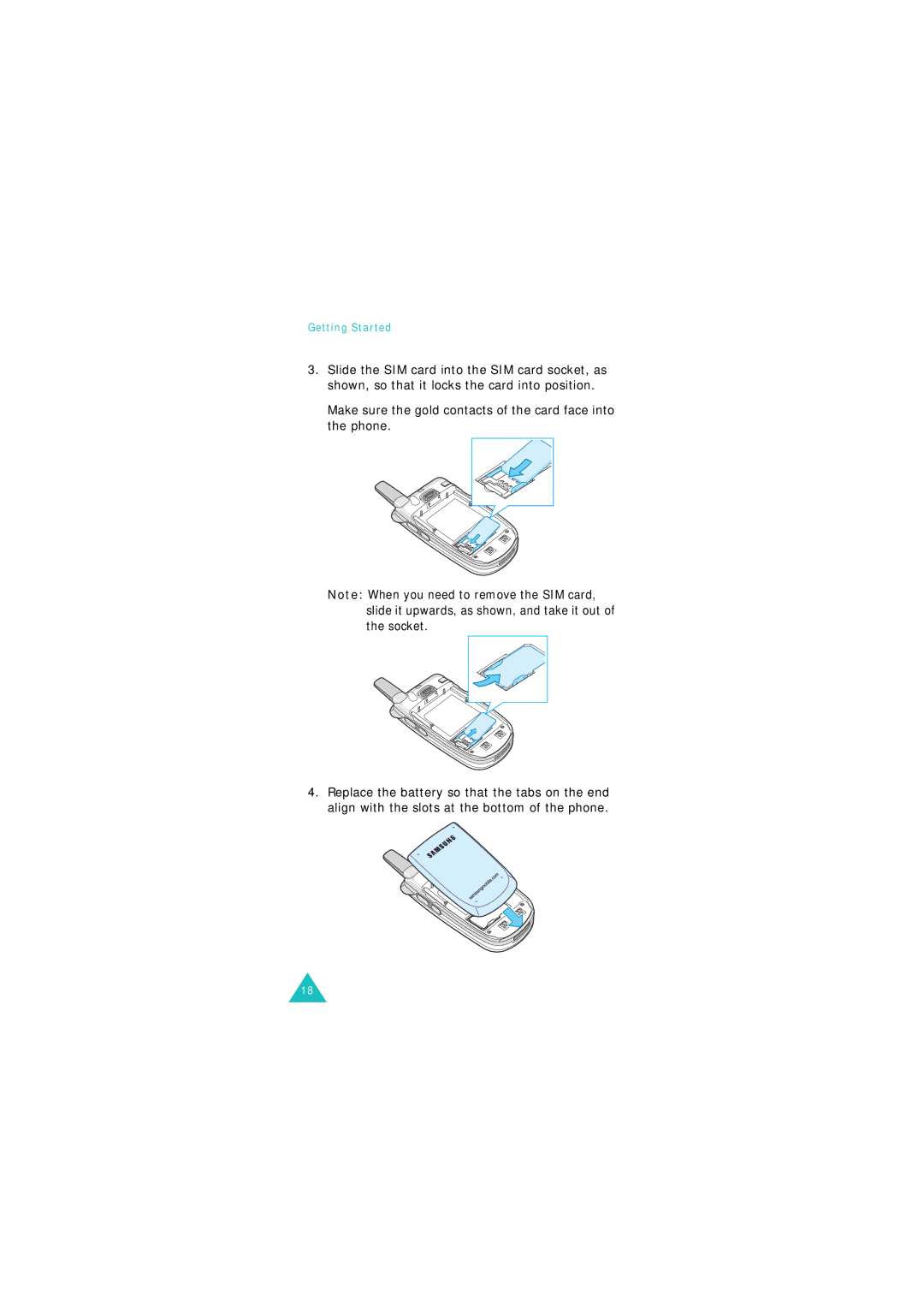 Samsung GSM900, GSM1800 manual Make sure the gold contacts of the card face into the phone, Getting Started 