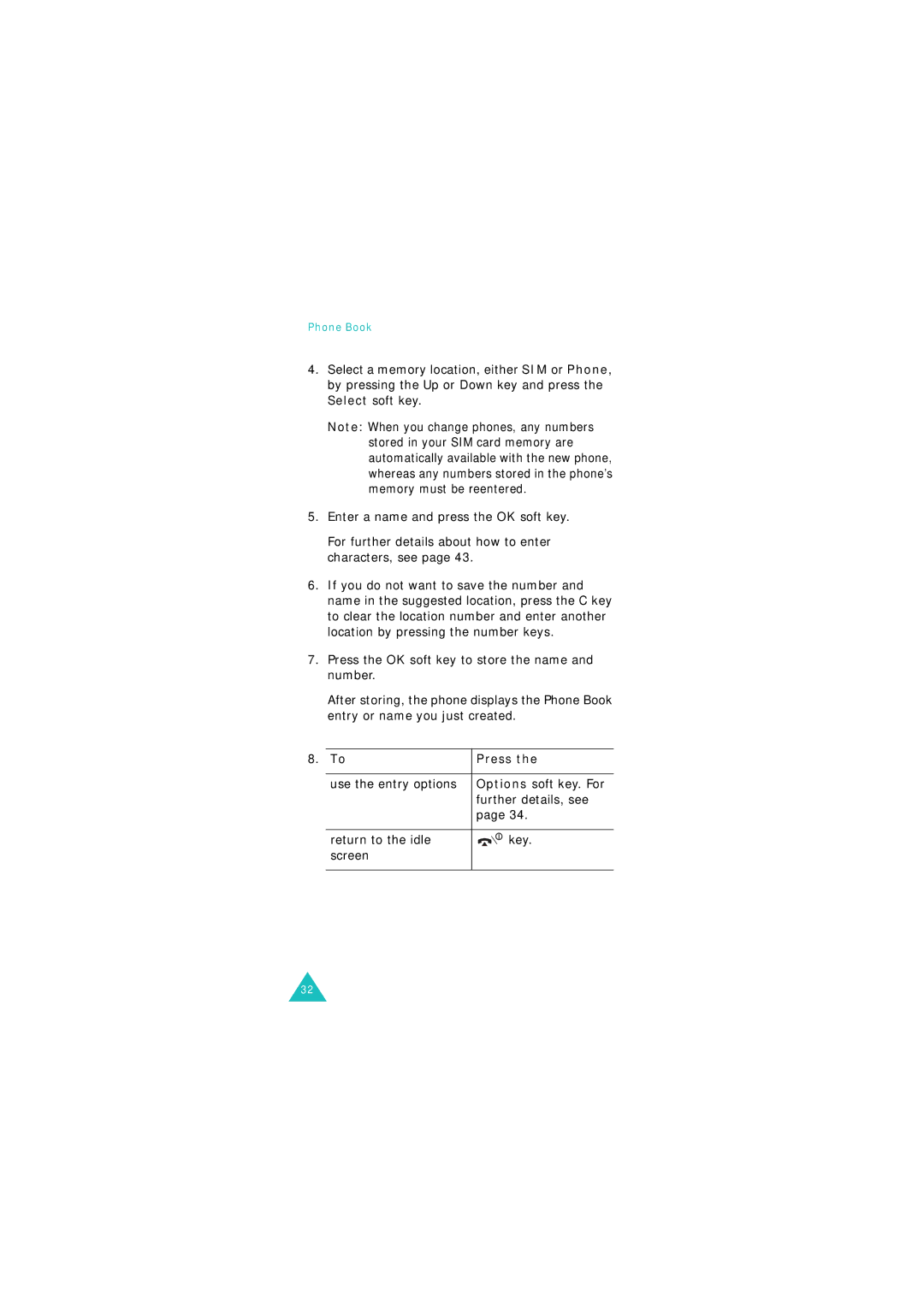 Samsung GSM900, GSM1800 manual Use the entry options, Return to the idle Key Screen 