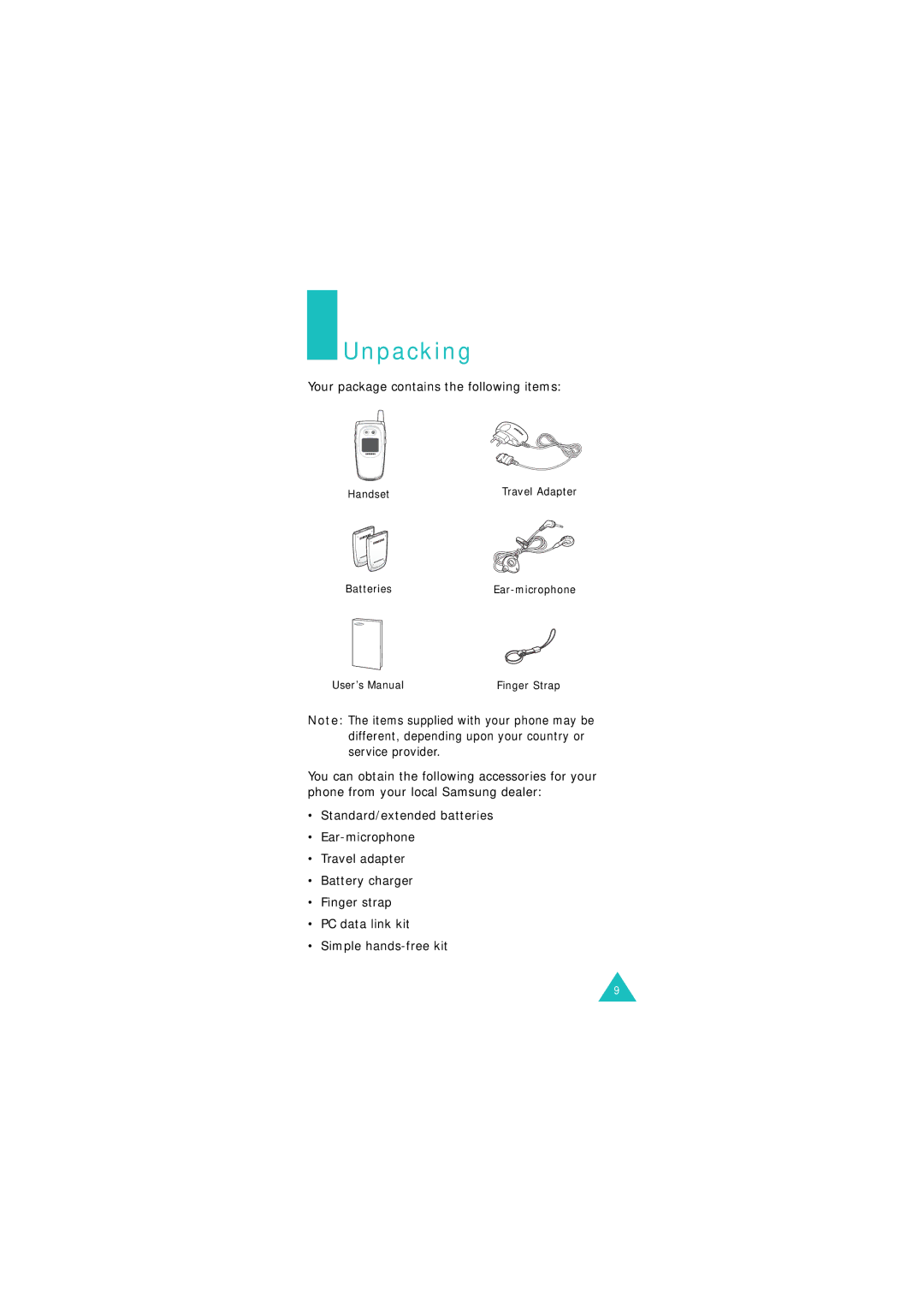 Samsung GSM1800, GSM900 manual Unpacking, Your package contains the following items 