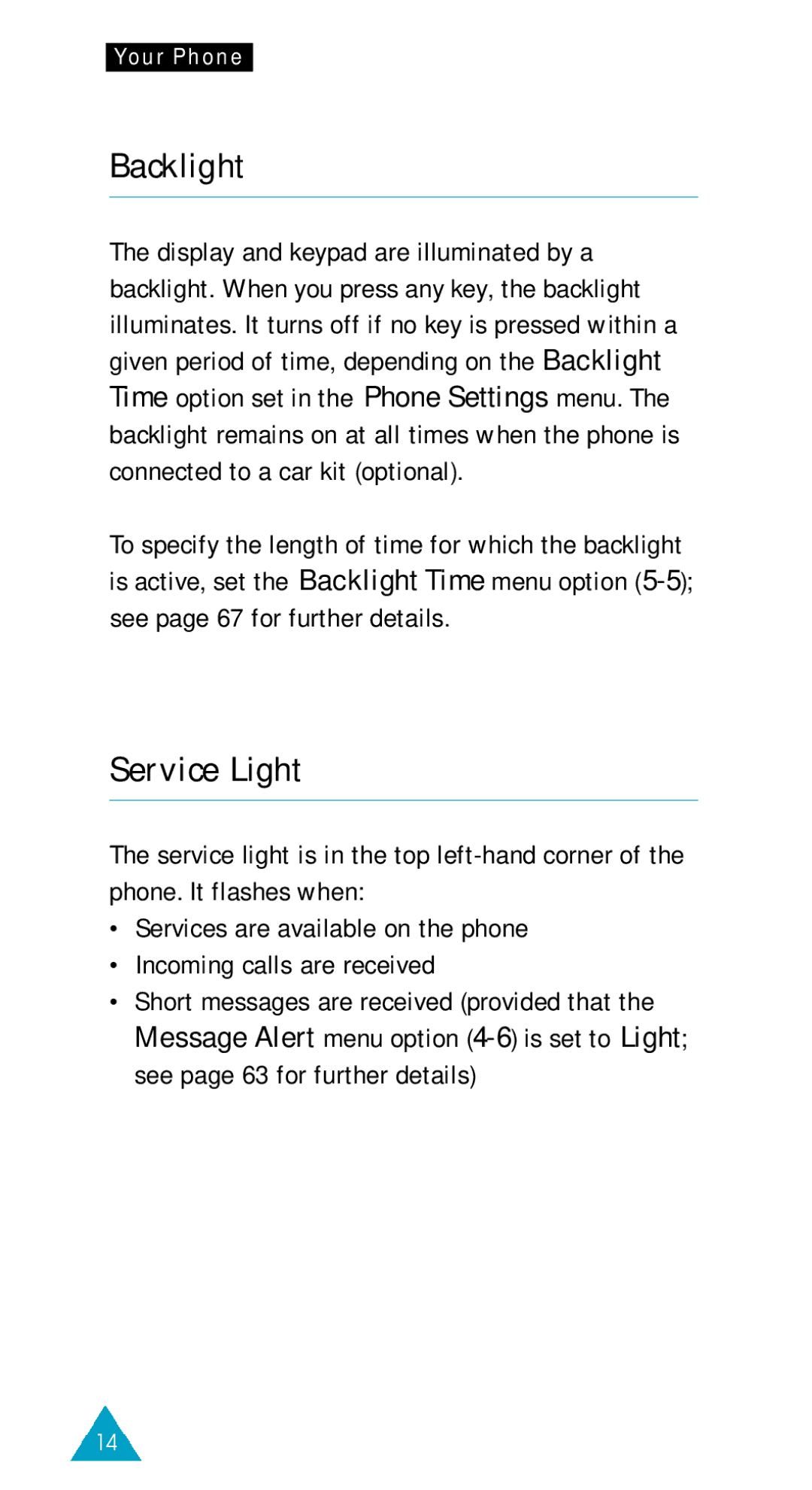 Samsung GSM/DCSI1800 owner manual Backlight, Service Light 