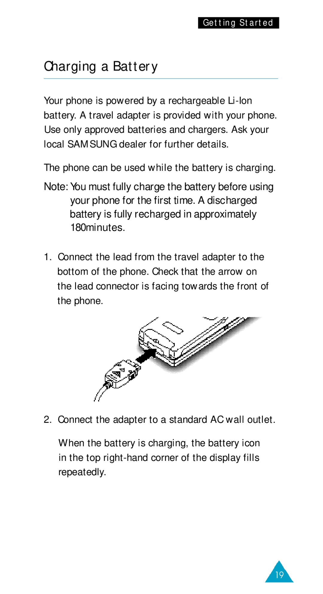 Samsung GSM/DCSI1800 owner manual Charging a Battery 