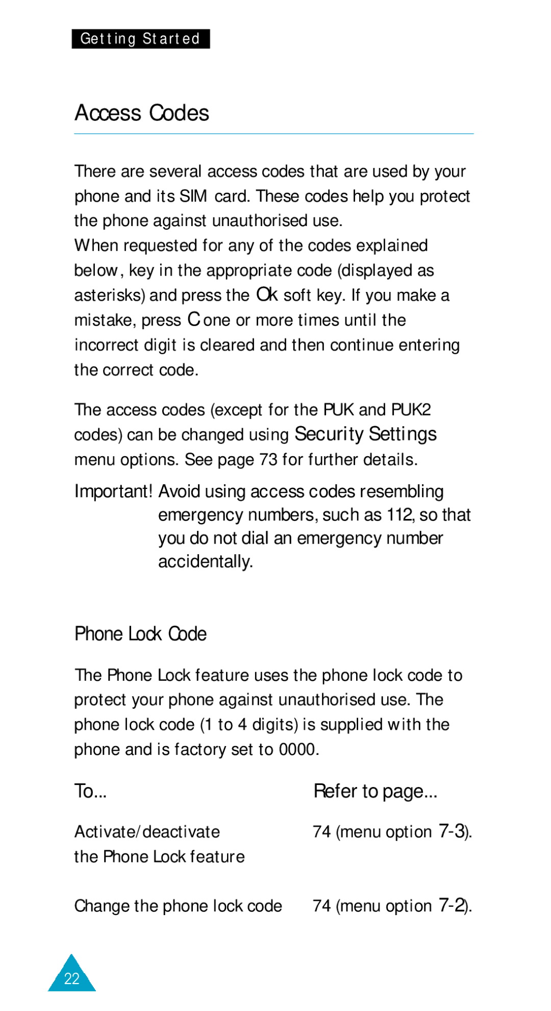 Samsung GSM/DCSI1800 owner manual Access Codes, Phone Lock Code, Refer to, Activate/deactivate, Phone Lock feature 