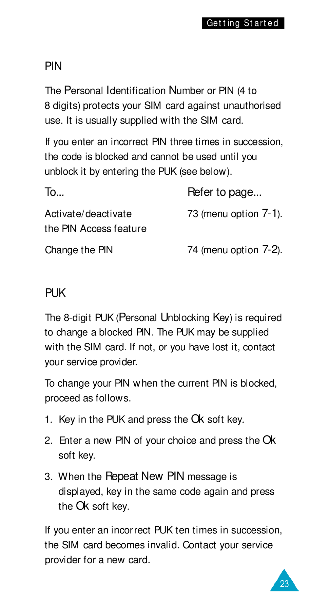 Samsung GSM/DCSI1800 owner manual Personal Identification Number or PIN 4 to, PIN Access feature Change the PIN 