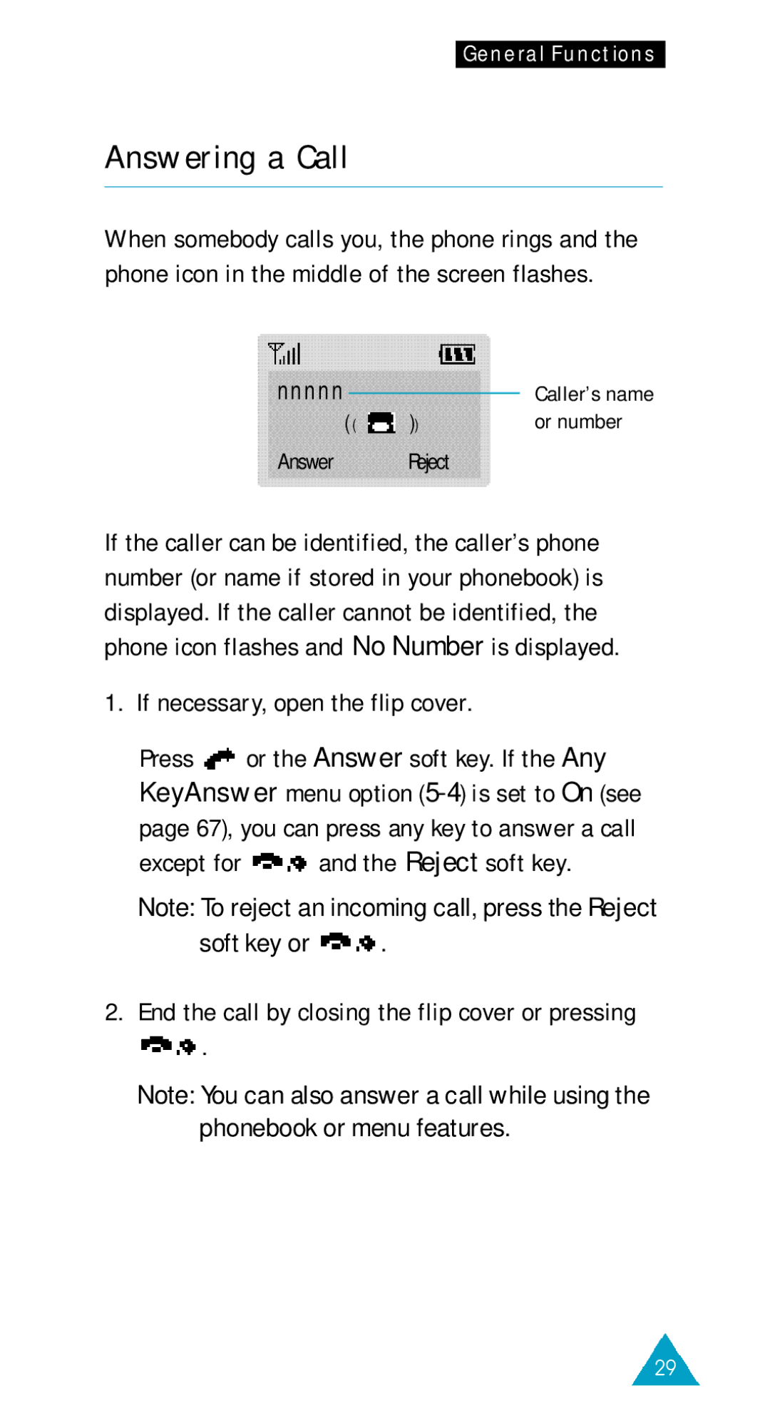 Samsung GSM/DCSI1800 owner manual Answering a Call, If necessary, open the flip cover, Except for and the Reject soft key 