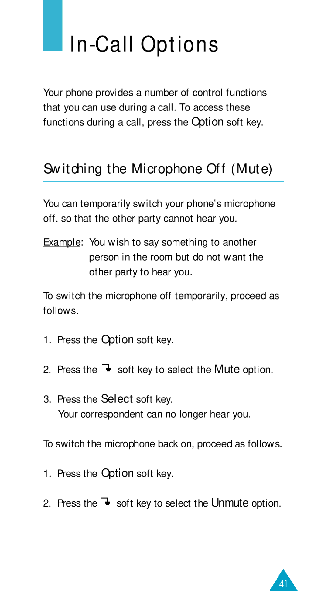 Samsung GSM/DCSI1800 owner manual In-Call Options, Switching the Microphone Off Mute 