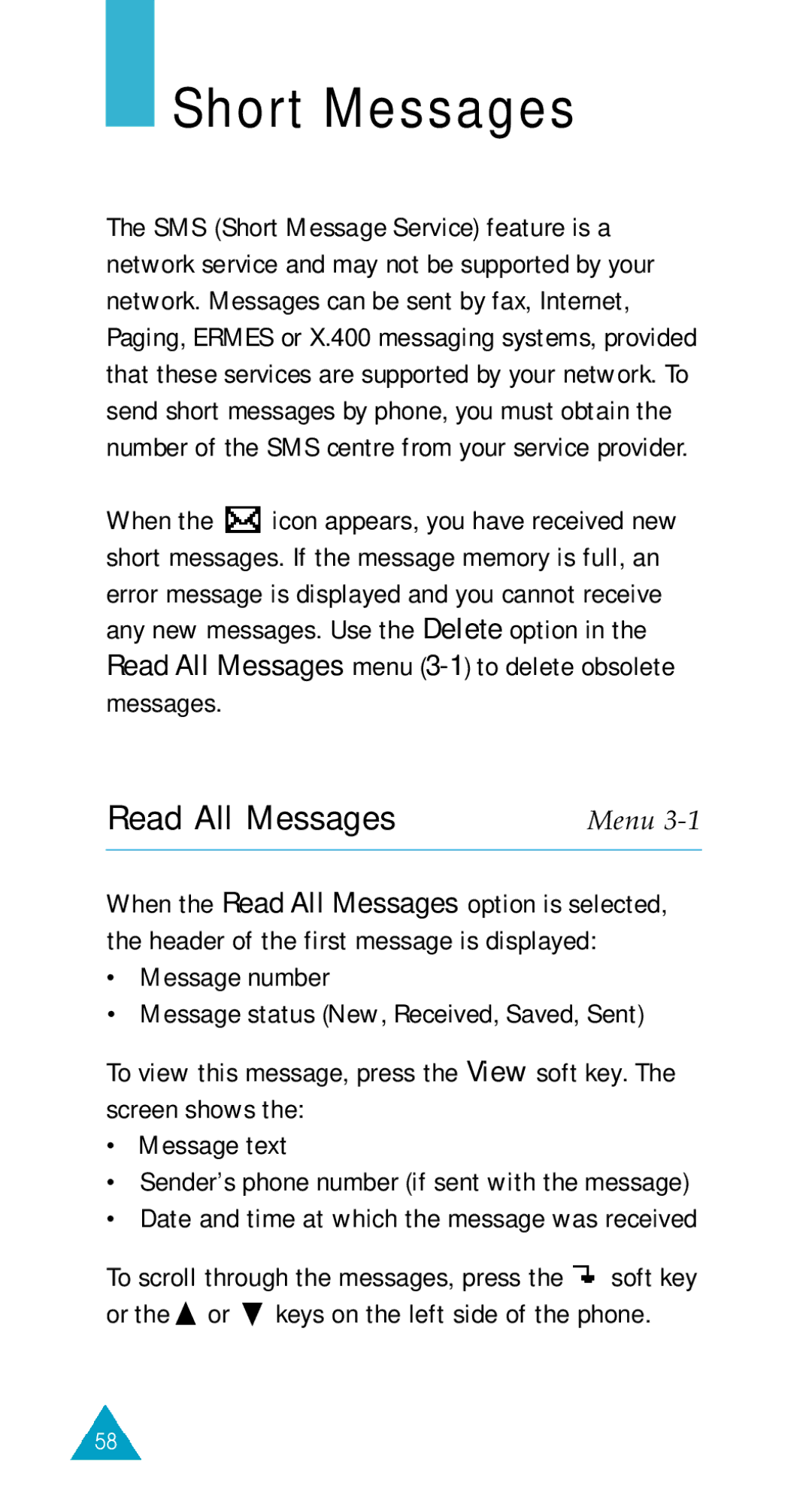 Samsung GSM/DCSI1800 owner manual Short Messages, Read All Messages 