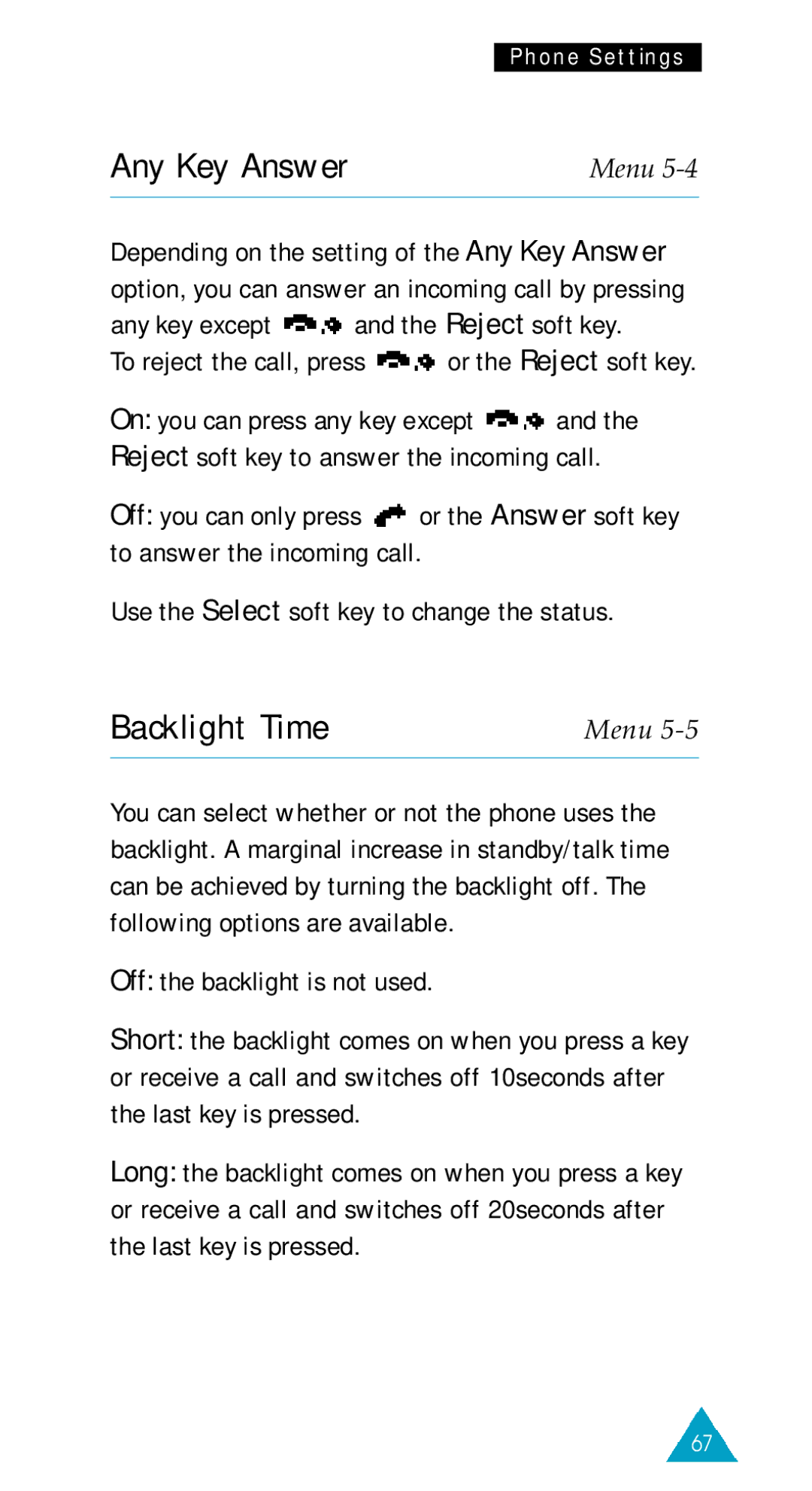 Samsung GSM/DCSI1800 Any Key Answer, Backlight Time, Any key except and the Reject soft key, Off the backlight is not used 