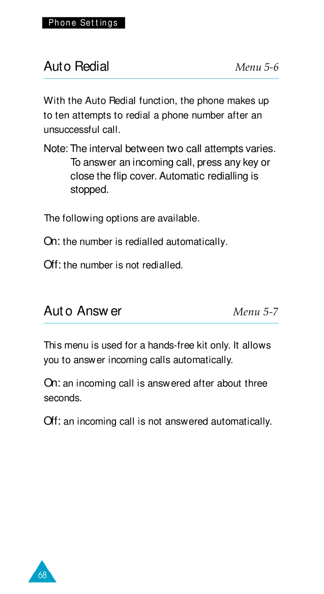 Samsung GSM/DCSI1800 owner manual Auto Redial, Auto Answer, On an incoming call is answered after about three seconds 