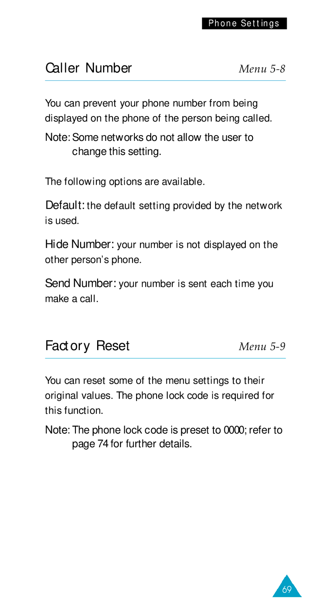 Samsung GSM/DCSI1800 owner manual Caller Number, Factory Reset 