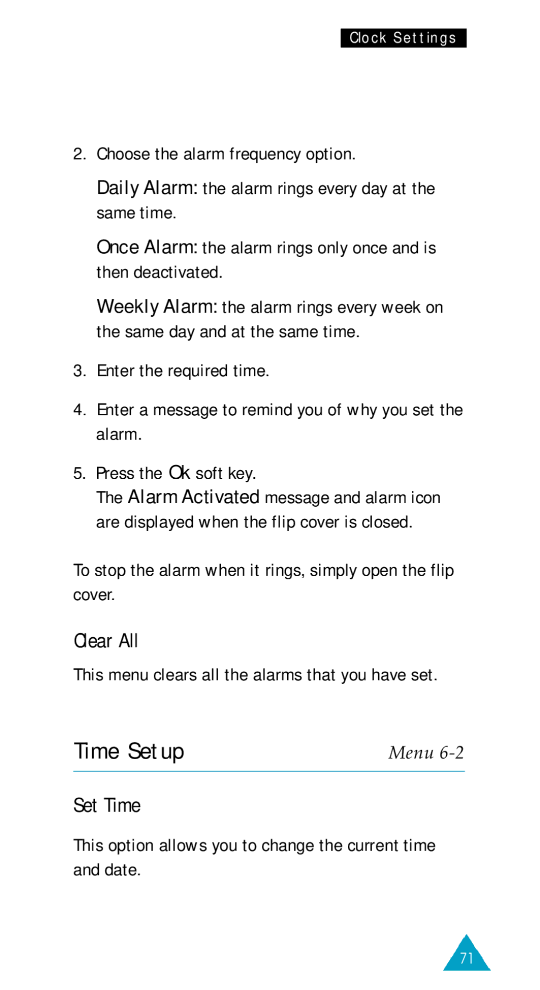 Samsung GSM/DCSI1800 owner manual Time Setup, Clear All, Set Time 