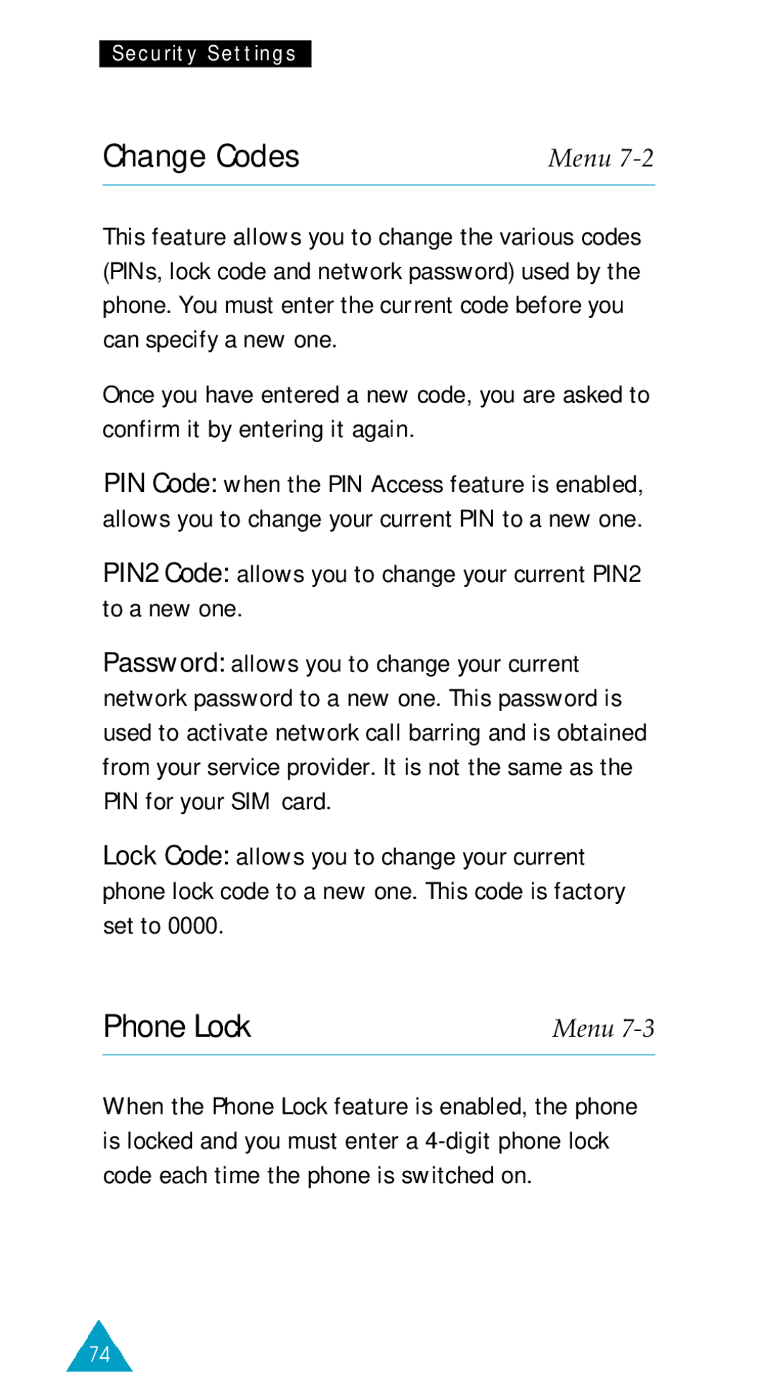 Samsung GSM/DCSI1800 owner manual Change Codes, Phone Lock 