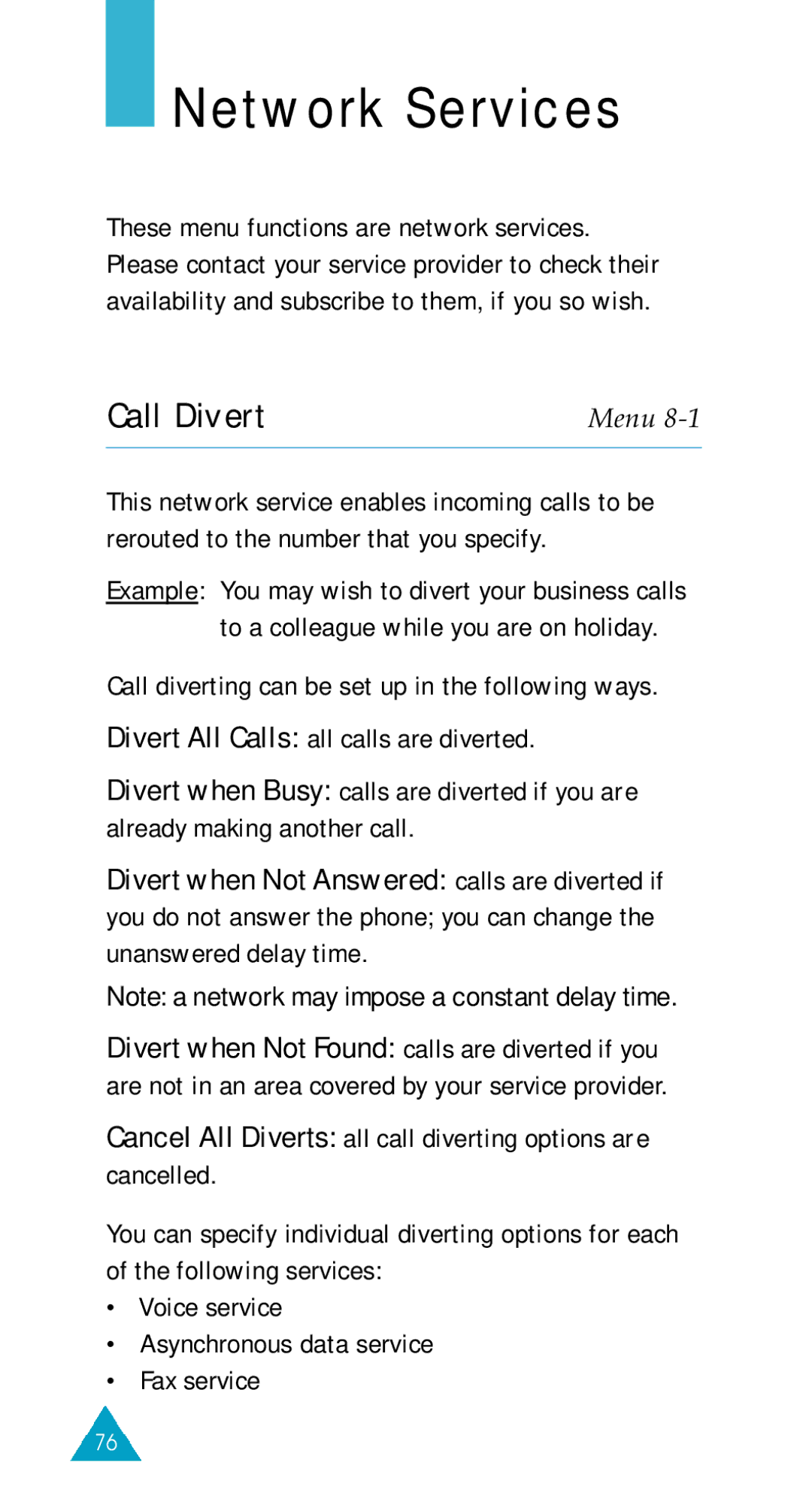 Samsung GSM/DCSI1800 Network Services, Call Divert, Cancel All Diverts all call diverting options are cancelled 